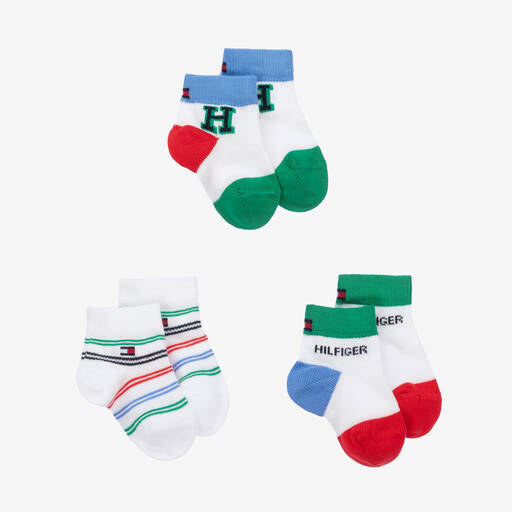 Tommy Hilfiger-White Cotton Baby Socks (3 Pack) | Childrensalon